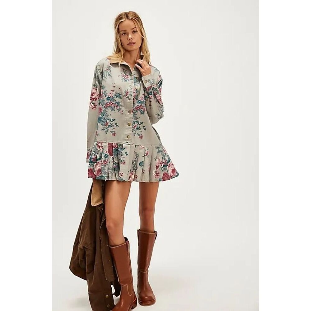 Free People Floral Mini Dress - Gray and Pink